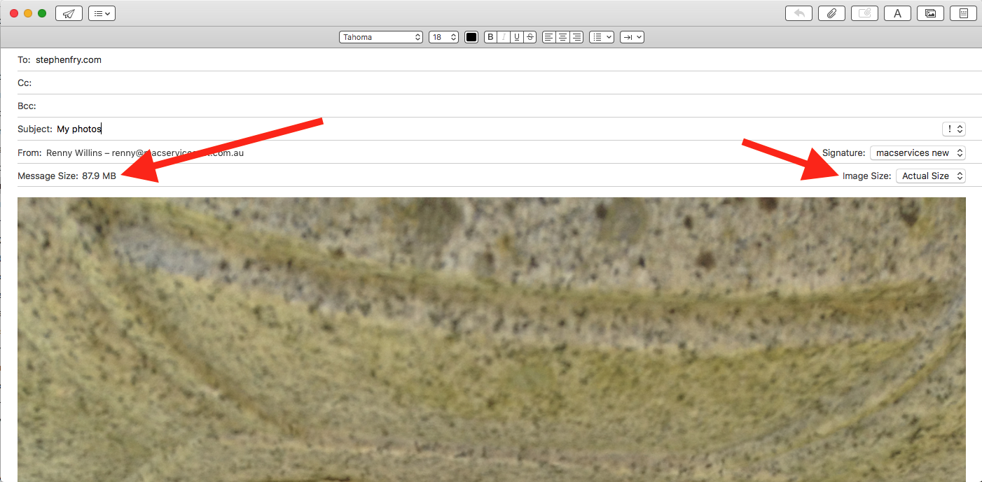 email size when photos are enclosed