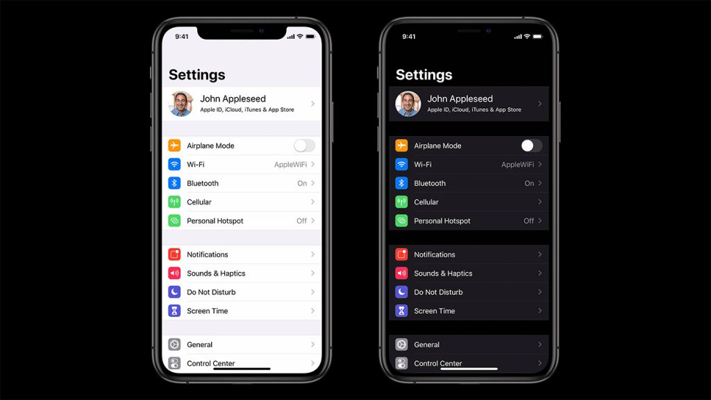 ios13 settings in dark and light mode